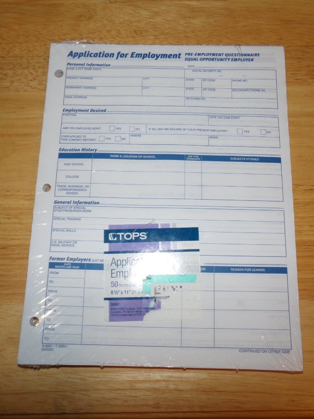 TOPS Application for Employment Forms - 2 Pads